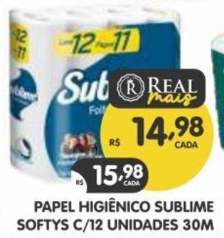 PAPEL HIGIÊNICO SUBLIME SOFTYS C/12 UNIDADES 30M
