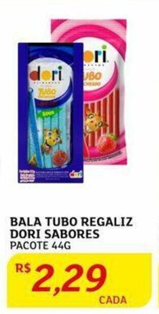 Assaí Atacadista BALA TUBO REGALIZ DORI SABORES PACOTE 44G oferta