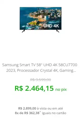 Samsung Smart TV 58" UHD 4K 58CU7700 2023, Processador Crystal 4K, Gaming...