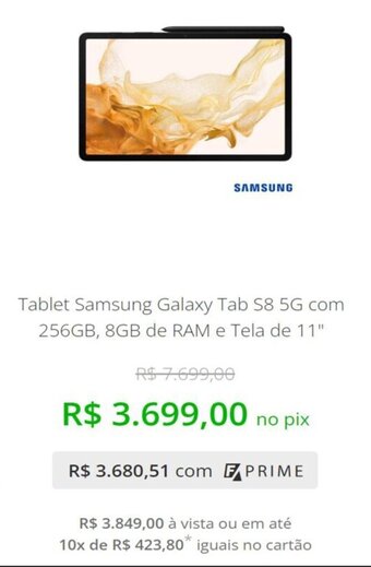 Fast Shop Tablet Samsung Galaxy Tab S8 5G com 256GB, 8GB de RAM e Tela de 11" oferta