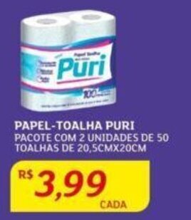 Assaí Atacadista PAPEL-TOALHA PURI PACOTE COM 2 UNIDADES DE 50 TOALHAS DE 20,5CMX20CM oferta