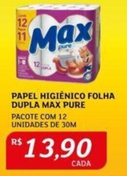 Assaí Atacadista PAPEL HIGIÊNICO FOLHA DUPLA MAX PURE PACOTE COM 12 UNIDADES DE 30M oferta