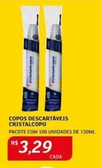 COPOS DESCARTÁVEIS CRISTALCOPO PACOTE COM 100 UNIDADES DE 150ML