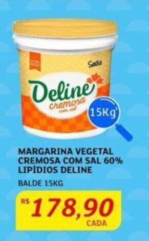 MARGARINA VEGETAL CREMOSA COM SAL 60% LIPÍDIOS DELINE BALDE 15KG