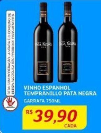 VINHO ESPANHOL TEMPRANILLO PATA NEGRA GARRAFA 750ML.