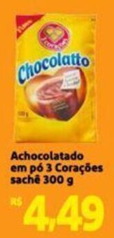 Extra Supermercado Achocolatado em pó 3 Corações sachê 300 g oferta