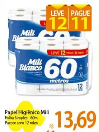Atacadão Papel Higiênico Mili Folha Simples-60m Pacote com 12 rolos oferta