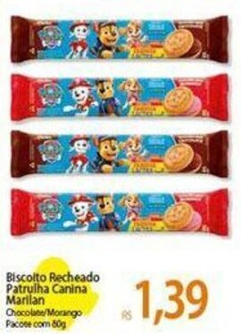Atacadão Biscolto Recheado Patrulha Canina Marilan Chocolate Morango Pacote com 80g oferta