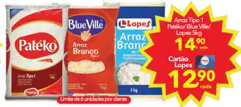 Lopes Supermercados Arroz tipo 1 Pateko/ Blue Ville/ Lopes 5kg oferta