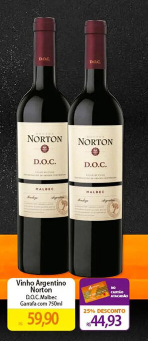 Atacadão Vinho Argentino Norton D.O.C. Malbec Garrafa com 750ml oferta