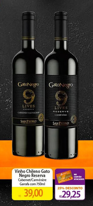Atacadão Vinho Chileno Gato Negro Reserva Cabernet/Carménère Garrafa com 750ml oferta