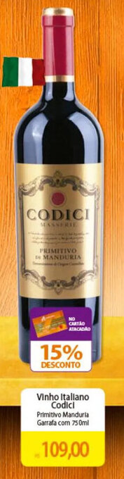 Atacadão Vinho Italiano Codici Primitivo Manduria Garrafa com 750ml oferta