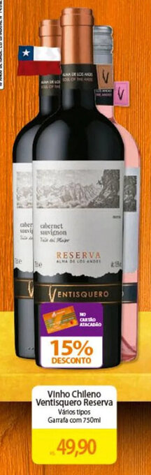 Atacadão Vinho Chileno Ventisquero Reserva Vários tipos Garrafa com 750ml oferta
