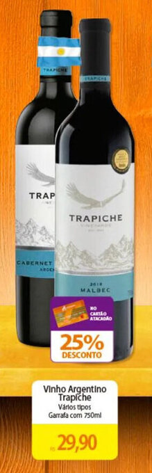 Atacadão Vinho Argentino Trapiche Vários tipos Garrafa com 750ml oferta