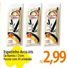 Espetinho Arco-Iris De Bambu/25cm Pacote com 50 unidades