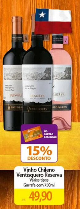 Atacadão Vinho Chileno Ventisquero Reserva Vários tipos Garrafa com 750ml oferta
