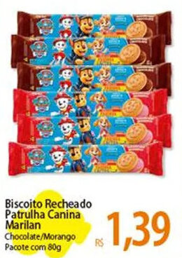Atacadão Biscoito Recheado Patrulha Canina Marilan Chocolate/Morango Pacote com 80g oferta