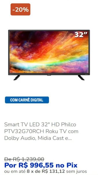 Smart TV LED 32" HD Philco PTV32G70RCH Roku TV com Dolby Audio, Midia Cast e...