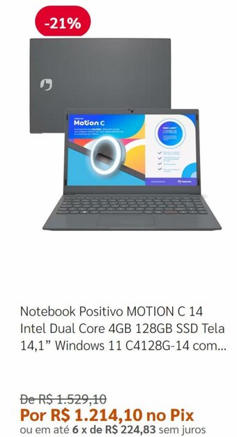 Notebook Positivo MOTION C 14 Intel Dual Core 4GB 128GB SSD Tela 14,1" Windows 11 C4128G-14 com...