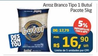 Tenda Atacado Arroz branco tipo 1 butuí pacote 5kg oferta