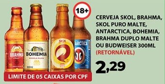 Supermercados Tiaozinho CERVEJA SKOL, BRAHMA, SKOL PURO MALTE, ANTARCTICA, BOHEMIA, BRAHMA DUPLO MALTE OU BUDWEISER 300ML (RETORNÁVEL) oferta