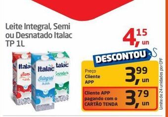 Tenda Atacado Leite integral, semi ou desnatado italac tp 1l oferta