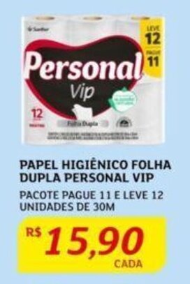 Assaí Atacadista PAPEL HIGIÊNICO FOLHA DUPLA PERSONAL VIP PACOTE PAGUE 11 E LEVE 12 UNIDADES DE 30M oferta