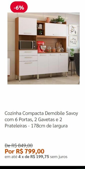 Cozinha Compacta Demóbile Savoy com 6 Portas, 2 Gavetas e 2 Prateleiras - 178cm de largura