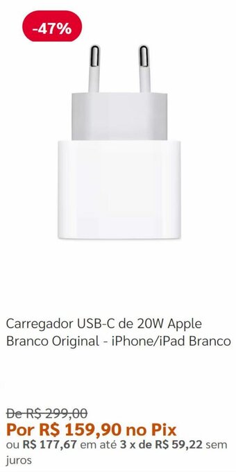 Carregador USB-C de 20W Apple Branco Original - iPhone/iPad Branco