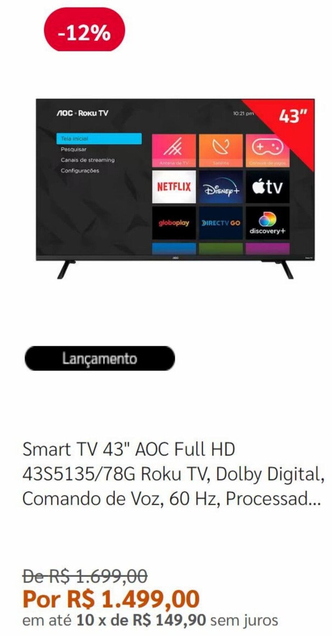 Smart TV 43 AOC Full HD