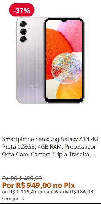 Pontofrio Smartphone Samsung Galaxy A14 4G Prata 128GB, 4GB RAM, Processador Octa-Core, Câmera Tripla Traseira,... oferta