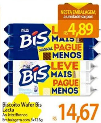 Atacadão Biscoito Wafer Bis Lacta Ao leite/Branco Embalagem com 3x126g oferta