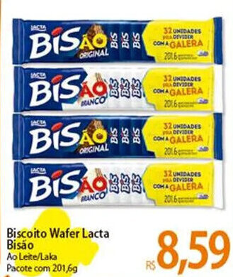 Atacadão Biscoito Wafer Lacta Bisão Ao Leite/Laka Pacote com 201,6g oferta