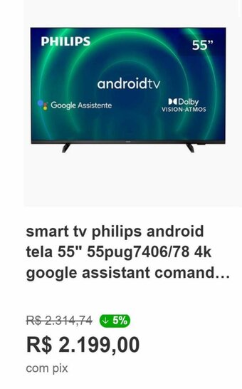 smart tv philips android tela 55" 55pug7406/78 4k google assistant comand...
