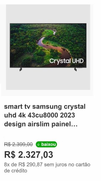 smart tv samsung crystal uhd 4k 43cu8000 2023 design airslim painel...