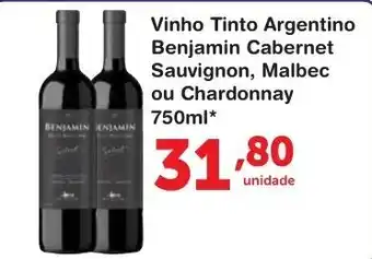 Roldão Vinho Tinto Argentino Benjamin Cabernet Sauvignon, Malbec ou Chardonnay 750ml oferta
