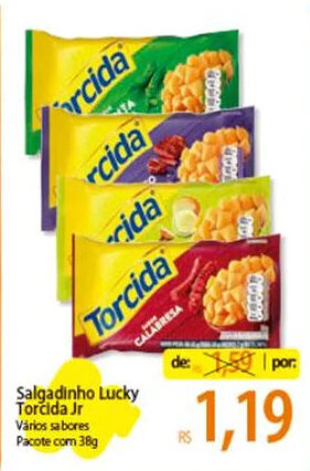 Atacadão Salgadinho Lucky Torcida Jr Vários sabores Pacote com 38g oferta
