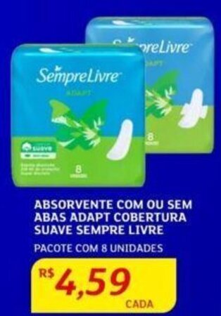 Assaí Atacadista ABSORVENTE COM OU SEM ABAS ADAPT COBERTURA SUAVE SEMPRE LIVRE PACOTE COM 8 UNIDADES oferta