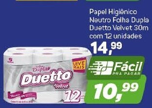 Arena Atacado Papel Higiénico Neutro Folha Dupla Duetto Velvet 30m com 12 unidades oferta
