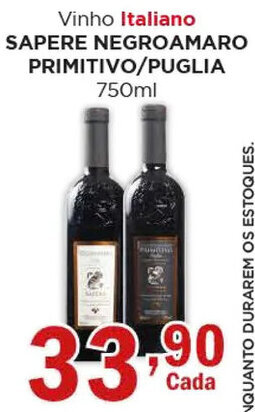 Supermercados Mundial Vinho Italiano SAPERE NEGROAMARO PRIMITIVO/PUGLIA 750ml oferta