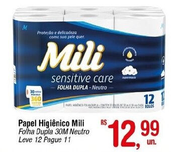 Fort Atacadista Papel Higiênico Mili Folha Dupla 30M Neutro Leve 12 Pague 11 oferta