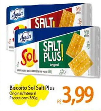 Biscoito Sol Salt Plus Original/Integral Pacote com 360g