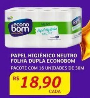 PAPEL HIGIÊNICO NEUTRO FOLHA DUPLA ECONOBOM PACOTE COM 16 UNIDADES DE 30M