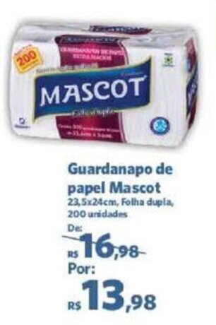 Guardanapo de papel Mascot 23,5x24cm, Folha dupla, 200 unidades