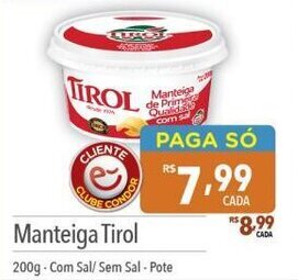 Supermercados Condor Manteiga Tirol 200g Com Sal/ Sem Sal - Pote oferta