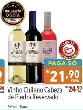 Supermercados Condor Vinho Chileno Cabeza de Piedra Reservado 750ml - Tipos oferta
