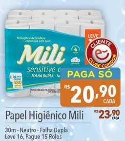 Supermercados Condor Papel Higiênico Mili 30m-Neutro-Folha Dupla Leve 16, Pague 15 Rolos oferta