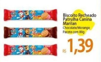 Atacadão Biscoito Recheado Patrulha Canina Marilan Chocolate/Morango Pacote com 80g oferta