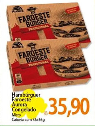 Atacadão Hambúrguer Faroeste Aurora Congelado Misto Caixeta com 36x56g oferta