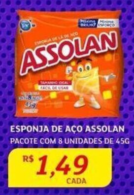 ESPONJA DE AÇO ASSOLAN PACOTE COM 8 UNIDADES DE 45G